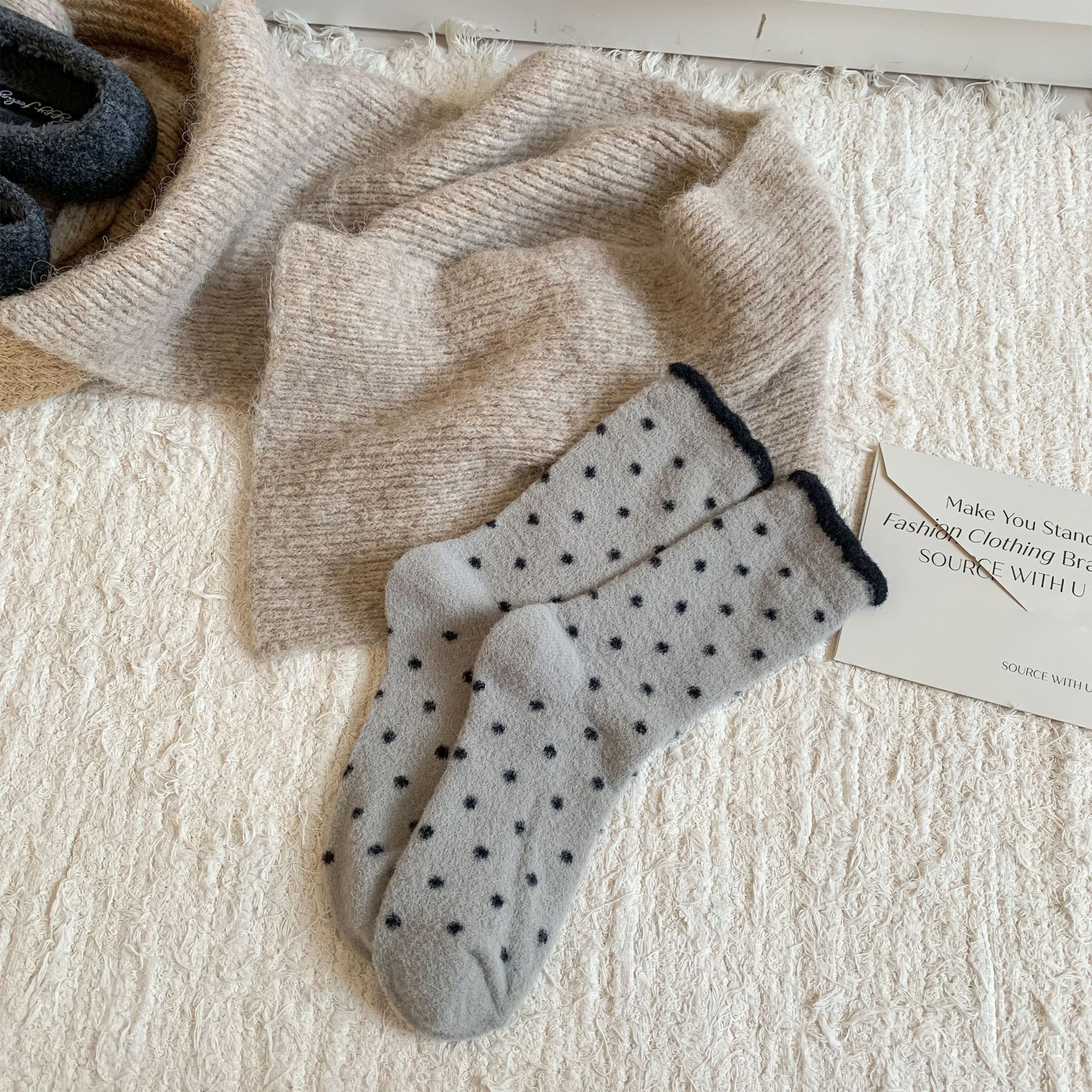 Anna-Kaci Women's 6pk Cozy Polka Dot Fuzzy Socks - Warm & Stylish Mid-Calf Socks for Winter Comfort