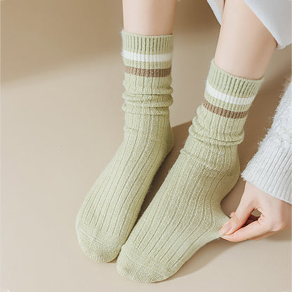 Anna-Kaci Women's 6pk Ribbed Slouch Socks with Striped Cuff - Warm & Stylish Mid-Calf Socks for Winter & Casual Wear
