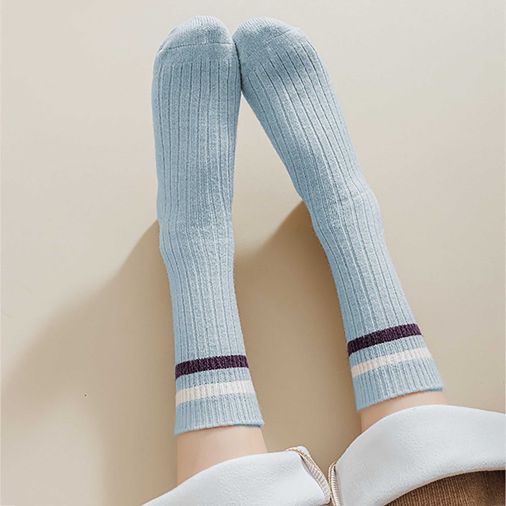 Anna-Kaci Women's 6pk Ribbed Slouch Socks with Striped Cuff - Warm & Stylish Mid-Calf Socks for Winter & Casual Wear