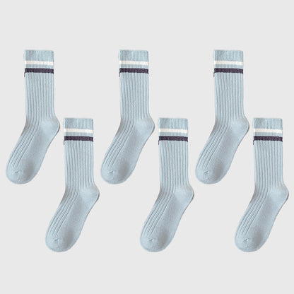 Anna-Kaci Women's 6pk Ribbed Slouch Socks with Striped Cuff - Warm & Stylish Mid-Calf Socks for Winter & Casual Wear