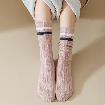 Anna-Kaci Women's 6pk Ribbed Slouch Socks with Striped Cuff - Warm & Stylish Mid-Calf Socks for Winter & Casual Wear