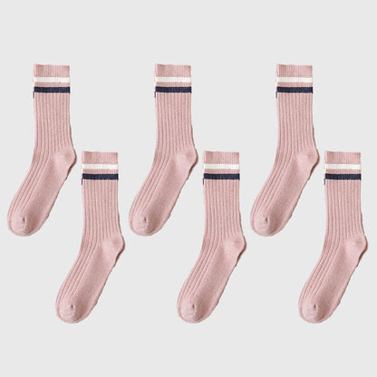 Anna-Kaci Women's 6pk Ribbed Slouch Socks with Striped Cuff - Warm & Stylish Mid-Calf Socks for Winter & Casual Wear