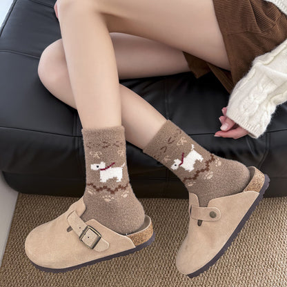 Anna-Kaci Women's 6pk Pink Fuzzy Socks with Dog Embroidery - Cute & Warm Mid-Calf Socks for Casual & Lounge Wear