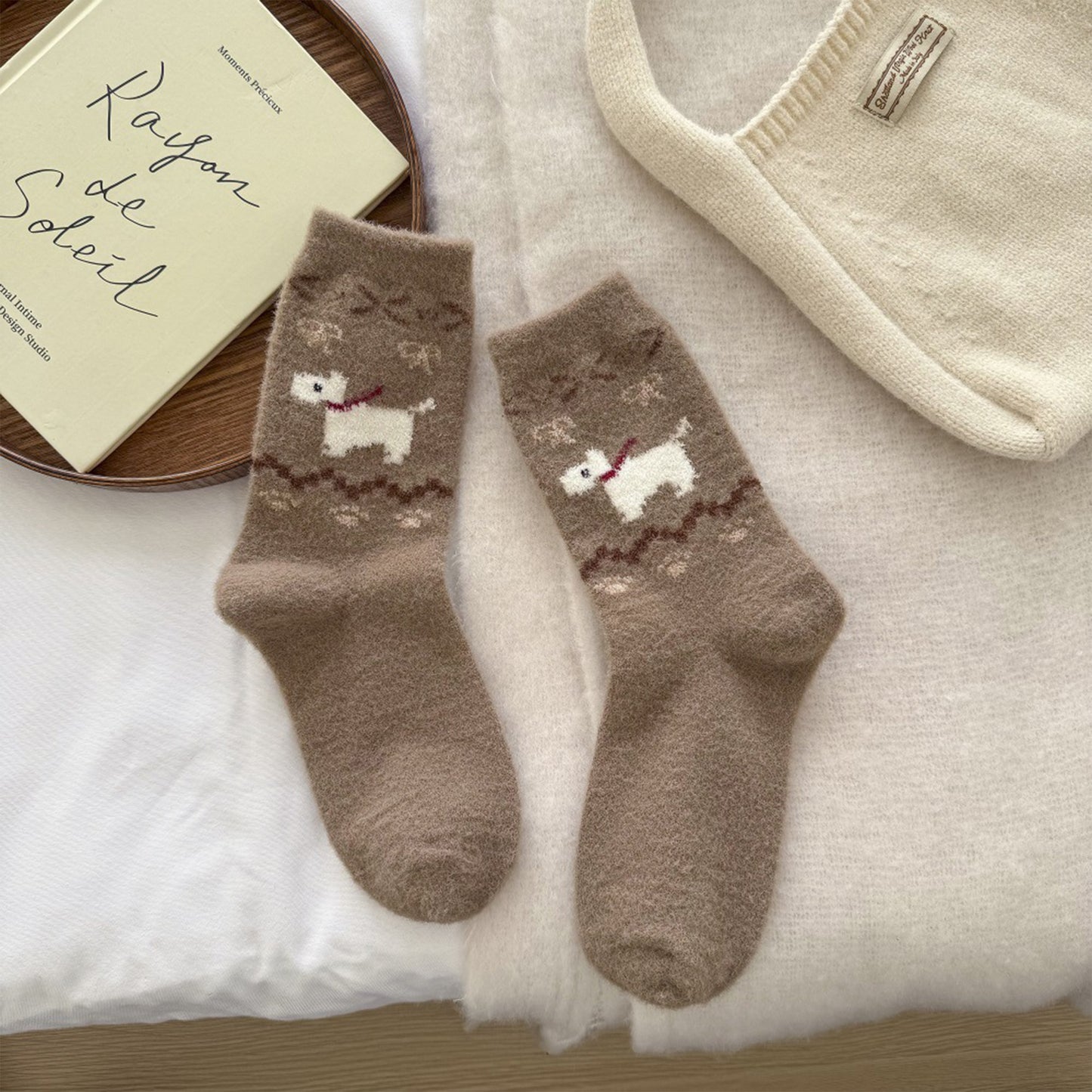 Anna-Kaci Women's 6pk Pink Fuzzy Socks with Dog Embroidery - Cute & Warm Mid-Calf Socks for Casual & Lounge Wear