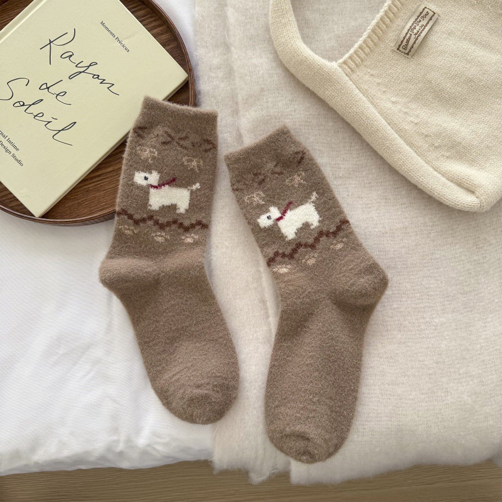 Anna-Kaci Women's 6pk Pink Fuzzy Socks with Dog Embroidery - Cute & Warm Mid-Calf Socks for Casual & Lounge Wear