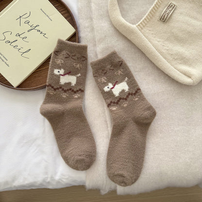 Anna-Kaci Women's 6pk Pink Fuzzy Socks with Dog Embroidery - Cute & Warm Mid-Calf Socks for Casual & Lounge Wear