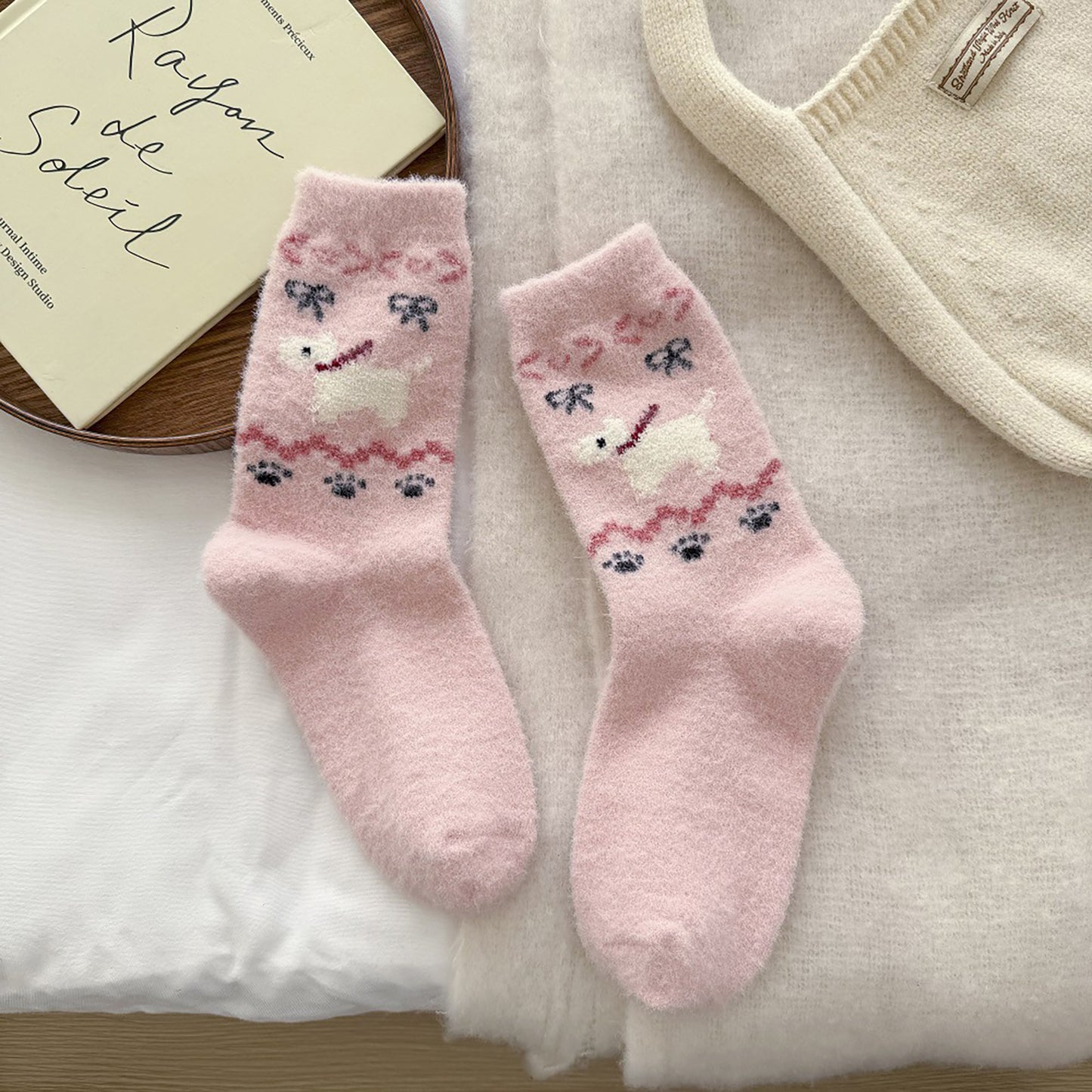 Anna-Kaci Women's 6pk Pink Fuzzy Socks with Dog Embroidery - Cute & Warm Mid-Calf Socks for Casual & Lounge Wear