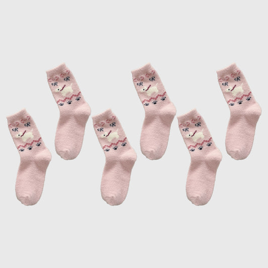 Anna-Kaci Women's 6pk Pink Fuzzy Socks with Dog Embroidery - Cute & Warm Mid-Calf Socks for Casual & Lounge Wear