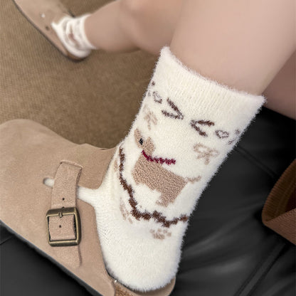 Anna-Kaci Women's 6pk Pink Fuzzy Socks with Dog Embroidery - Cute & Warm Mid-Calf Socks for Casual & Lounge Wear