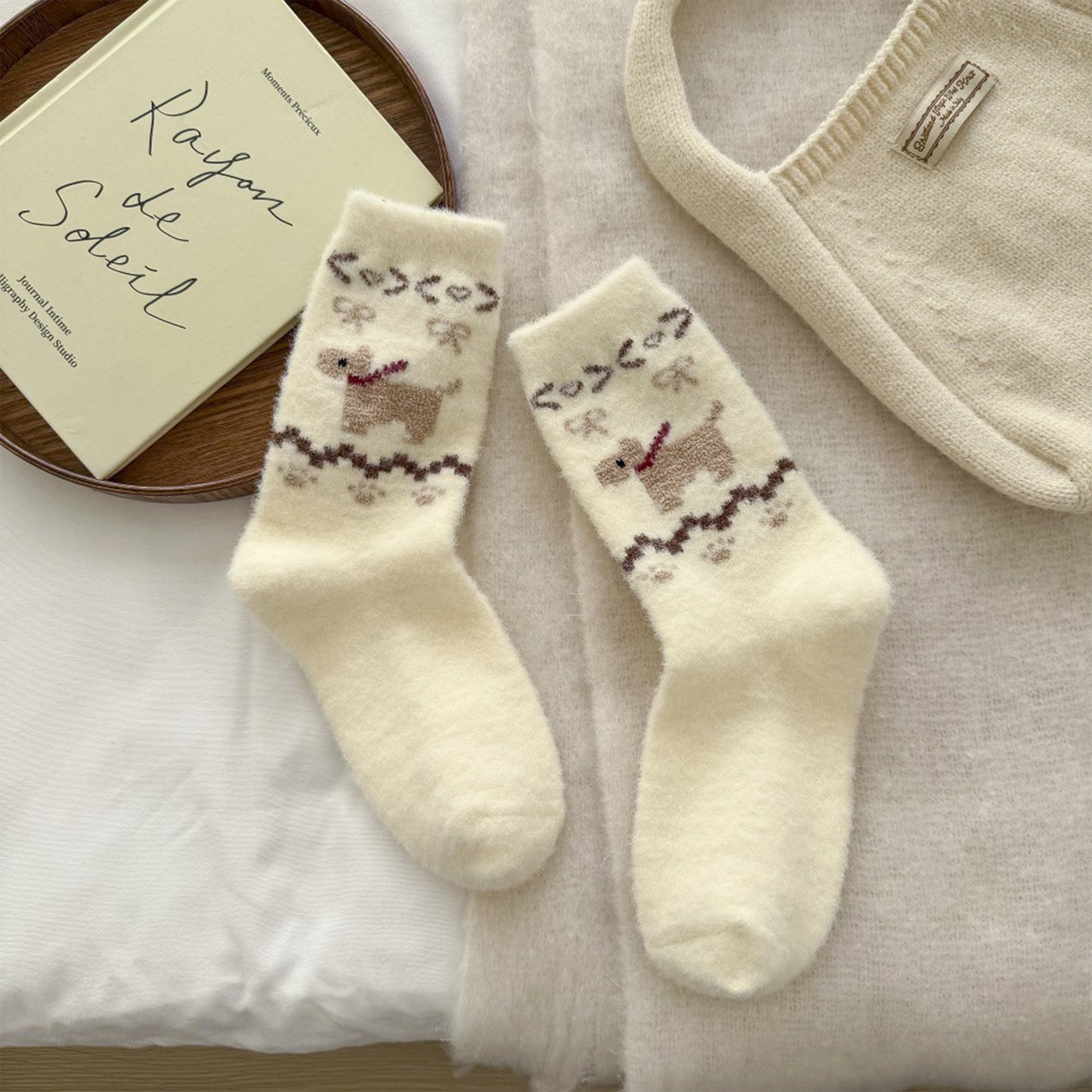 Anna-Kaci Women's 6pk Pink Fuzzy Socks with Dog Embroidery - Cute & Warm Mid-Calf Socks for Casual & Lounge Wear