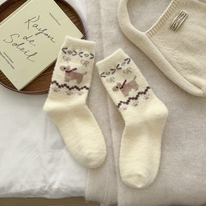 Anna-Kaci Women's 6pk Pink Fuzzy Socks with Dog Embroidery - Cute & Warm Mid-Calf Socks for Casual & Lounge Wear