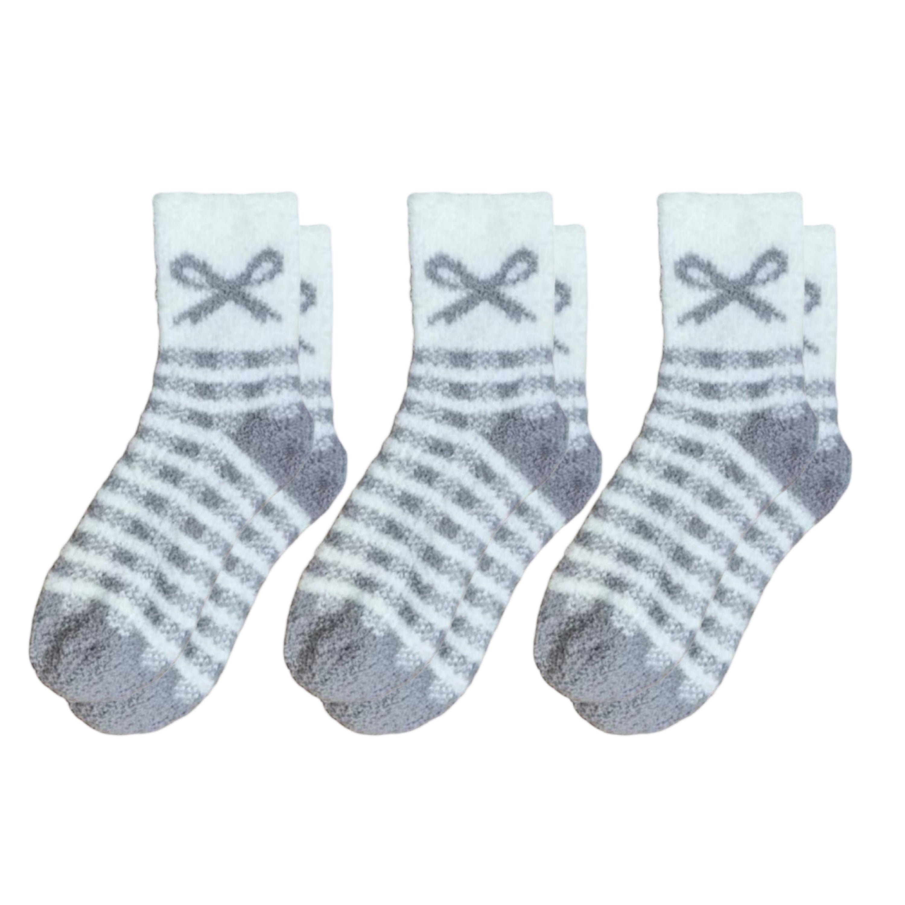 Anna-Kaci 3-Pair Fuzzy Bow Knit Crew Socks Set with Plush Soft Texture, Stretchy Cozy Fabric, and Graphic Bow Pattern for Gifting