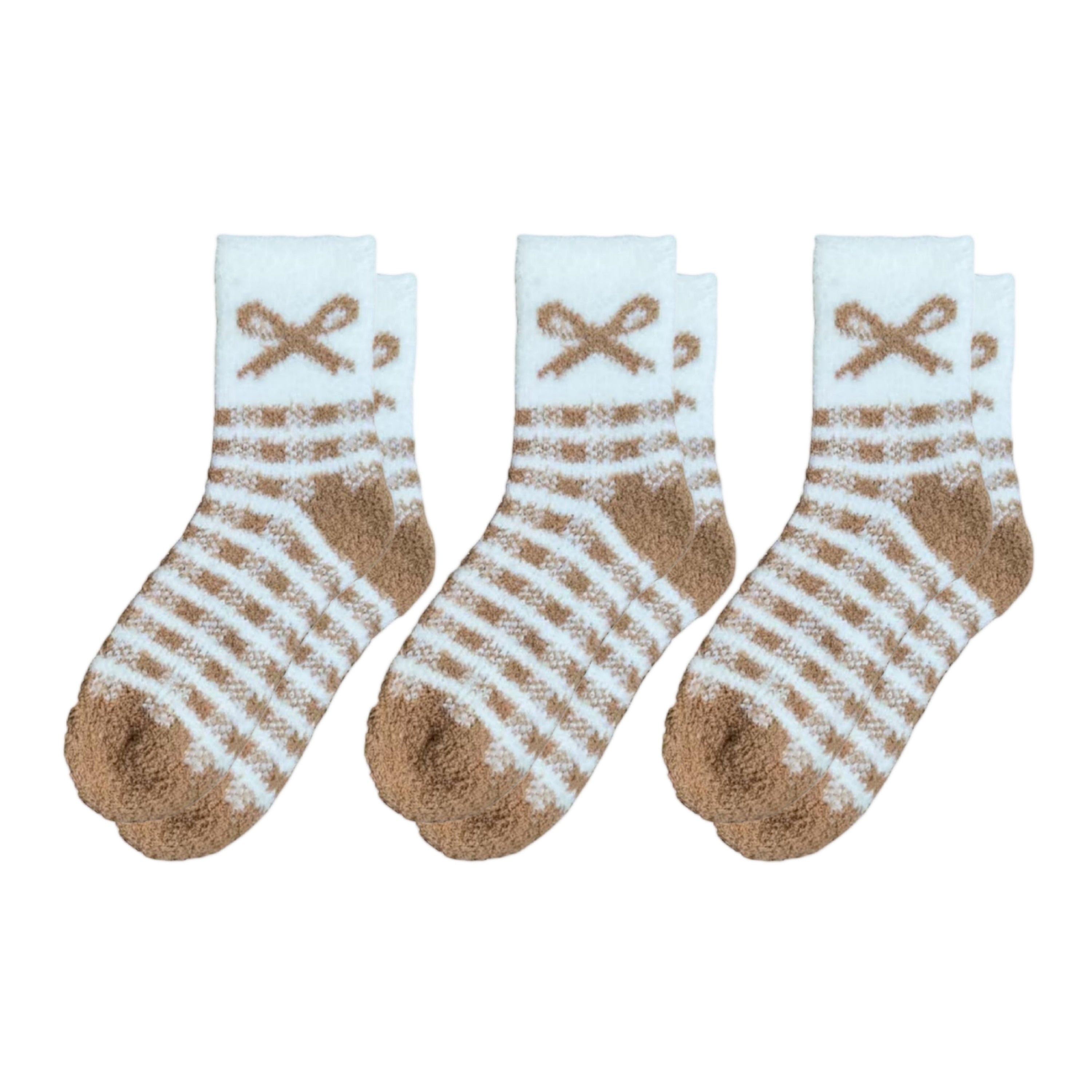 Anna-Kaci 3-Pair Fuzzy Bow Knit Crew Socks Set with Plush Soft Texture, Stretchy Cozy Fabric, and Graphic Bow Pattern for Gifting
