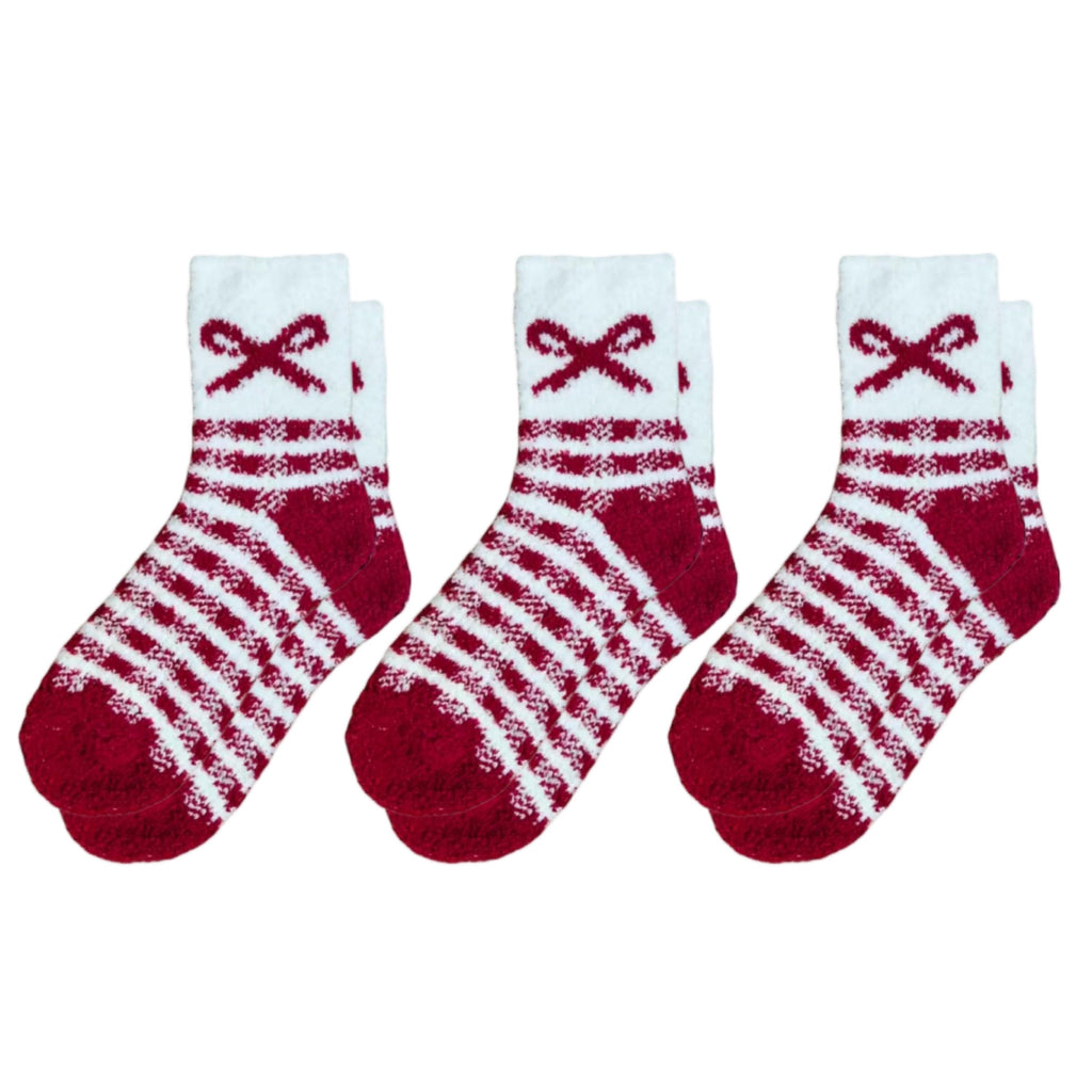 Anna-Kaci 3-Pair Fuzzy Bow Knit Crew Socks Set with Plush Soft Texture, Stretchy Cozy Fabric, and Graphic Bow Pattern for Gifting