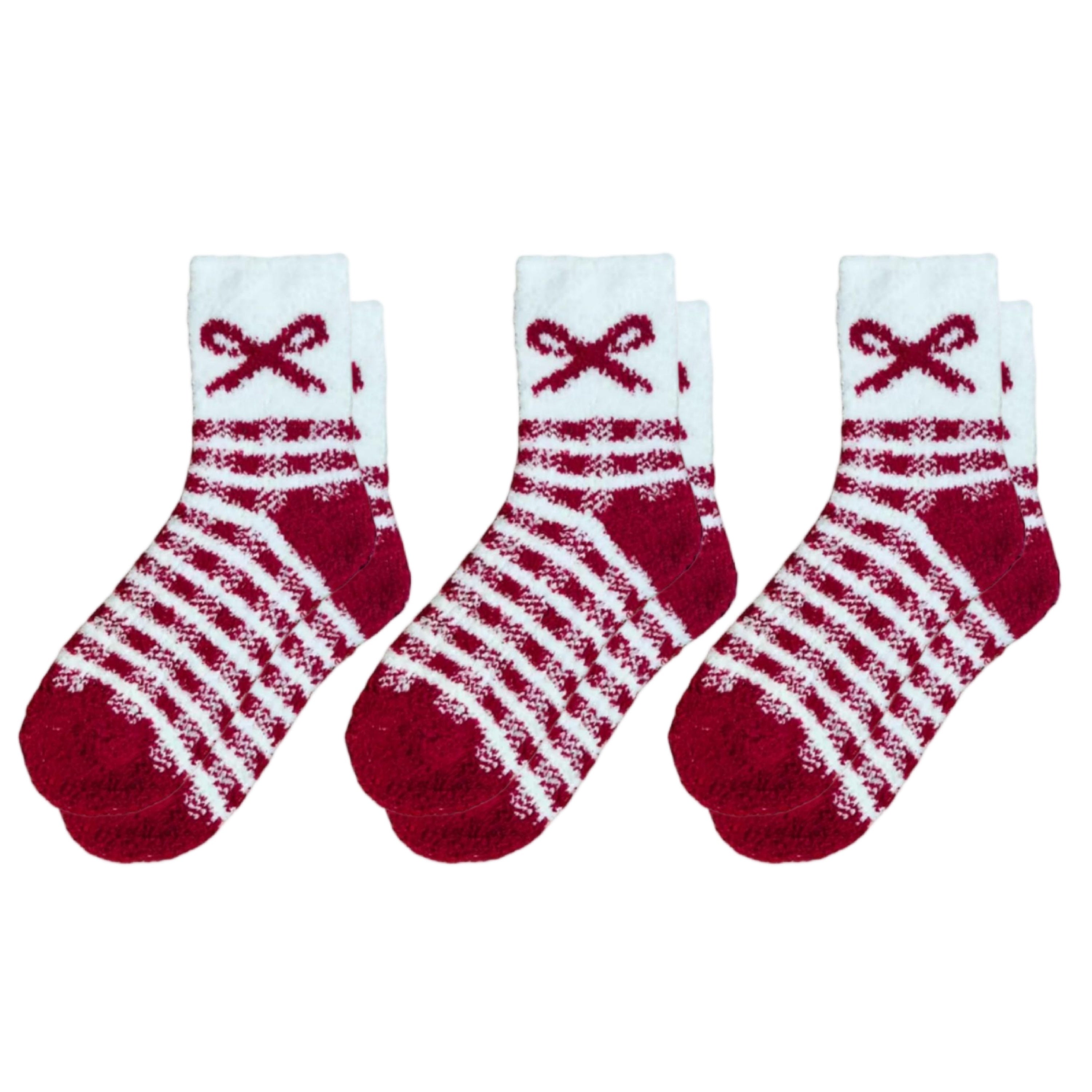 Anna-Kaci 3-Pair Fuzzy Bow Knit Crew Socks Set with Plush Soft Texture, Stretchy Cozy Fabric, and Graphic Bow Pattern for Gifting