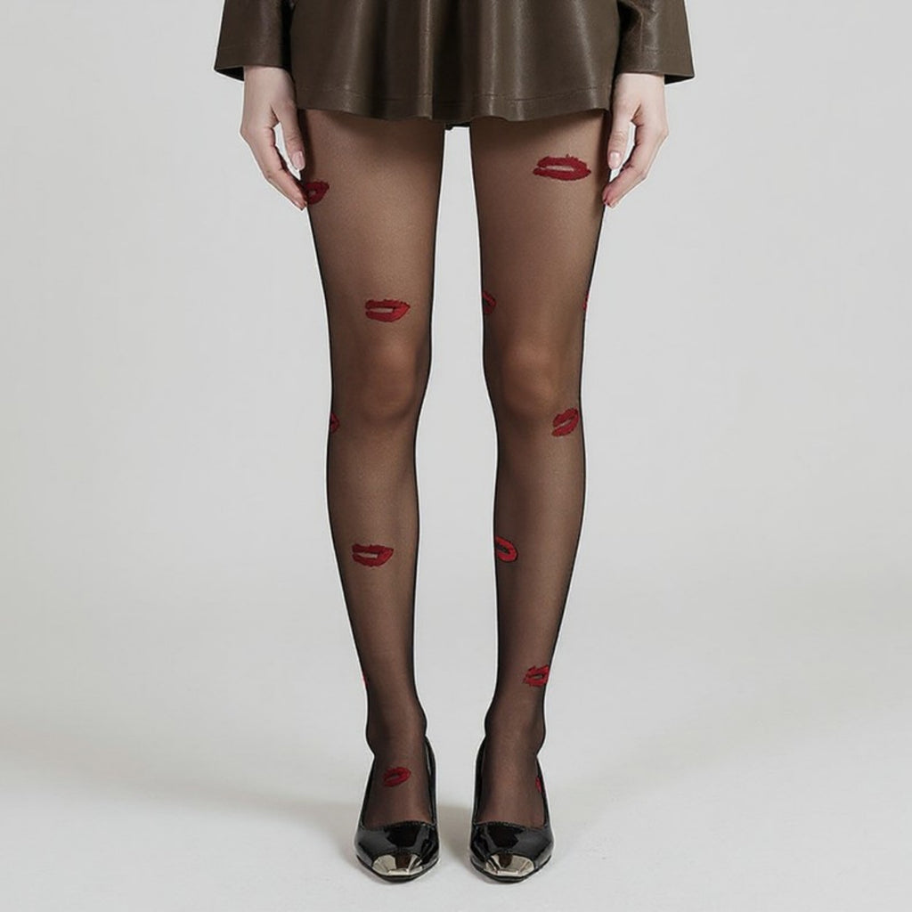 Anna-Kaci Women's Sheer Tights with Embroidered Lip Pattern Design