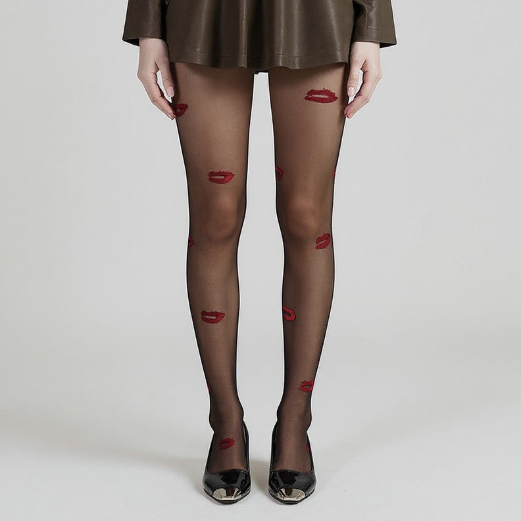 Anna-Kaci Women's Sheer Tights with Embroidered Lip Pattern Design