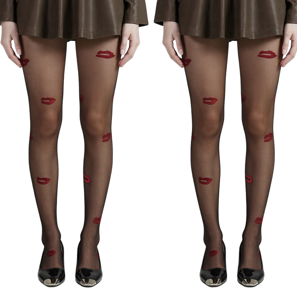 Anna-Kaci 2pcs Women's Sheer Tights with Embroidered Lip Pattern Design
