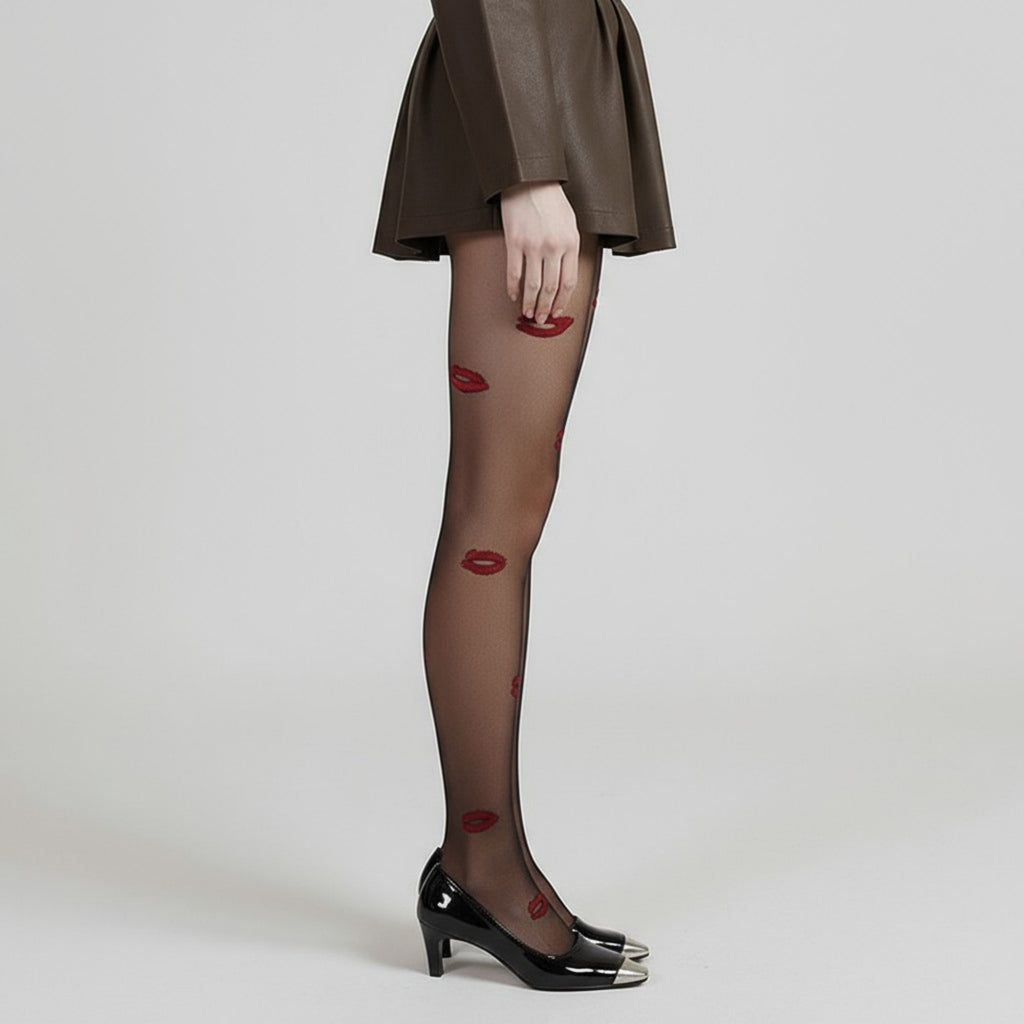Anna-Kaci Women's Sheer Tights with Embroidered Lip Pattern Design