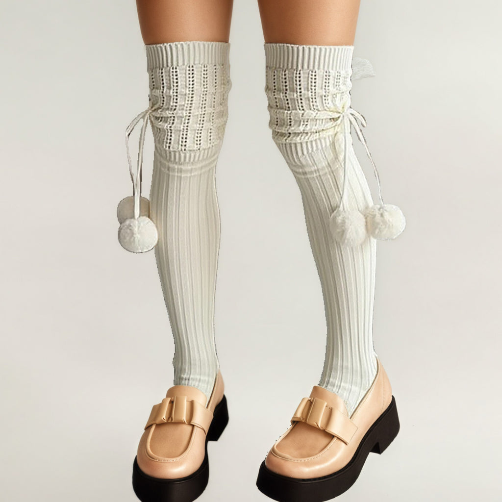 Anna-Kaci Women's Over-the-Knee Knit Socks with Pom Pom Tie and Ribbed Pattern