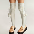 Anna-Kaci Women's Over-the-Knee Knit Socks with Pom Pom Tie and Ribbed Pattern