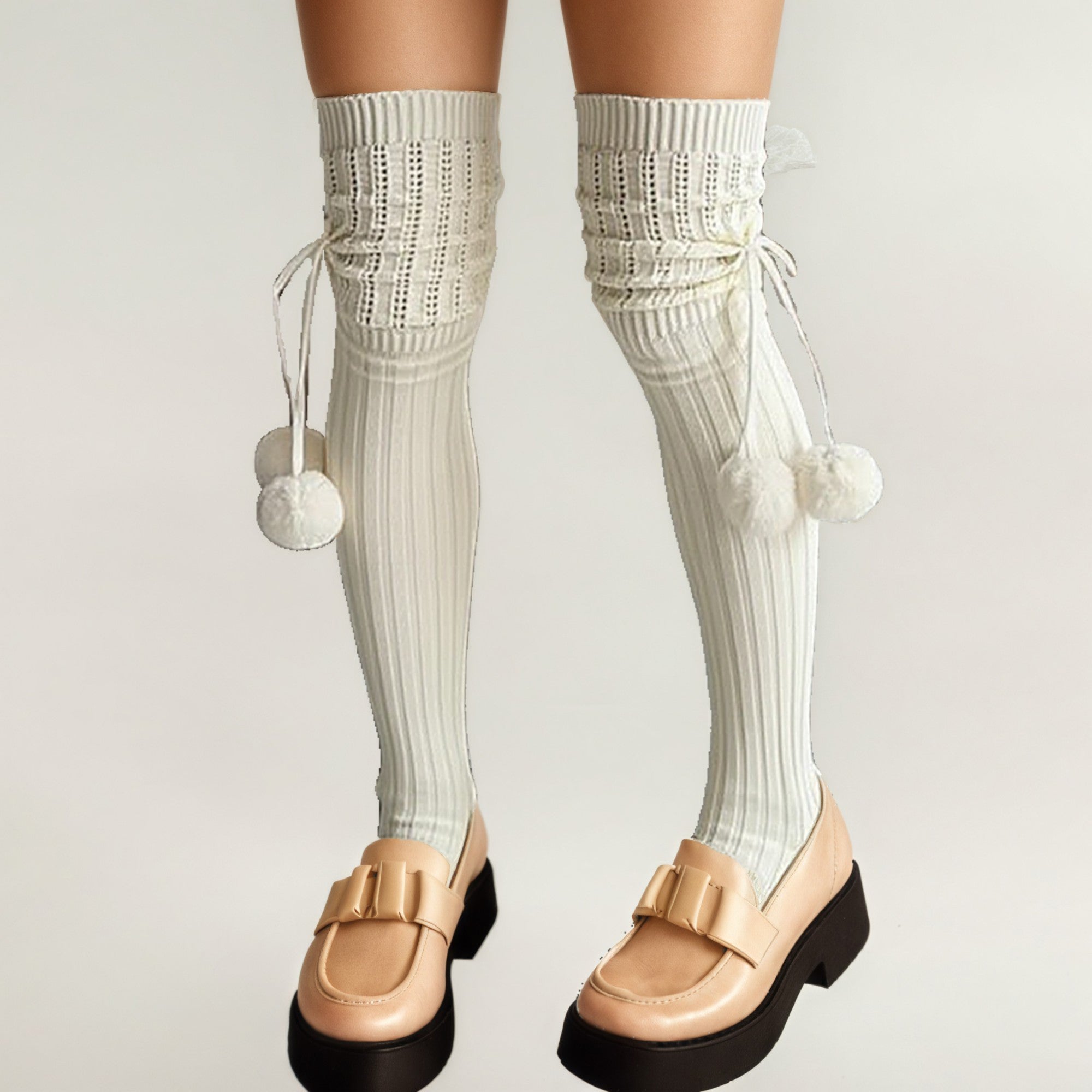 Anna-Kaci Women's Over-the-Knee Knit Socks with Pom Pom Tie and Ribbed Pattern