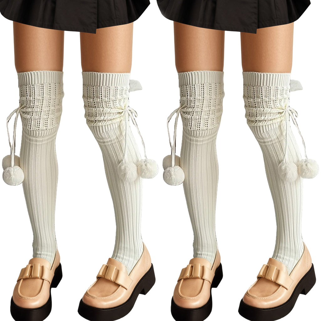 Anna-Kaci 2pcs Women's Over-the-Knee Knit Socks with Pom Pom Tie and Ribbed Pattern