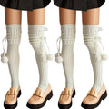 Anna-Kaci 2pcs Women's Over-the-Knee Knit Socks with Pom Pom Tie and Ribbed Pattern