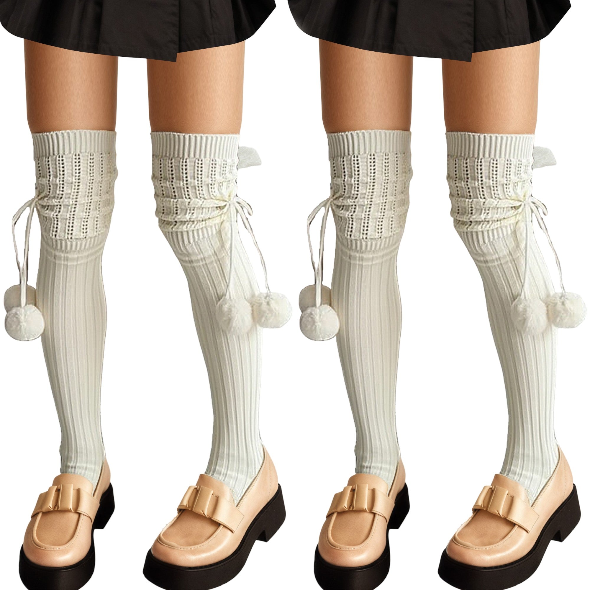 Anna-Kaci 2pcs Women's Over-the-Knee Knit Socks with Pom Pom Tie and Ribbed Pattern