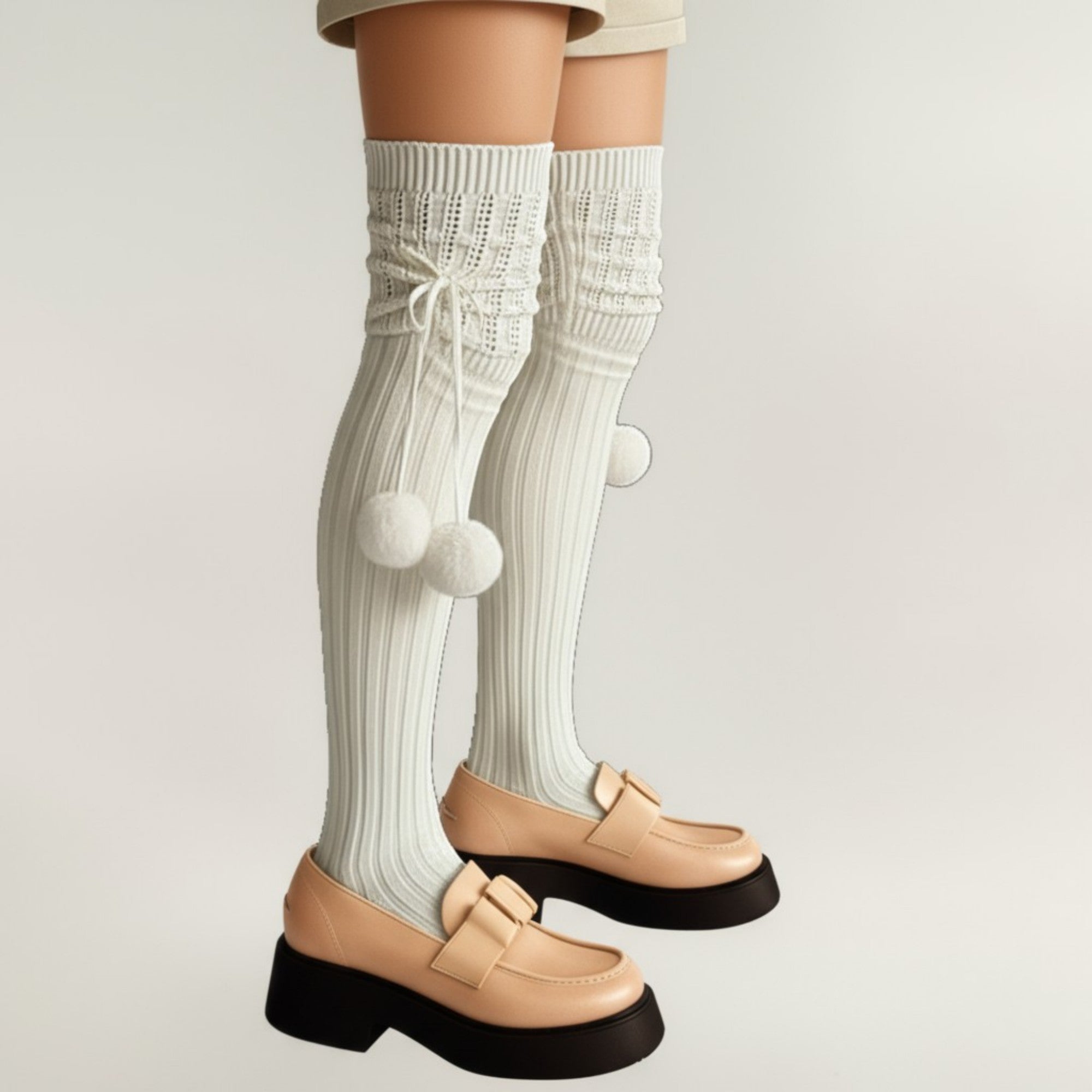 Anna-Kaci Women's Over-the-Knee Knit Socks with Pom Pom Tie and Ribbed Pattern