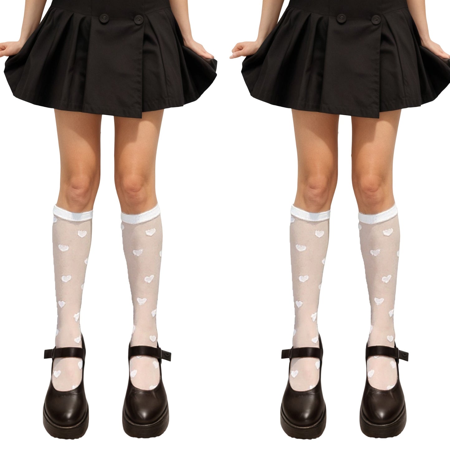 Anna-Kaci 2pcs Women's Sheer Knee-High Socks with Valentine Heart Pattern Mesh Design