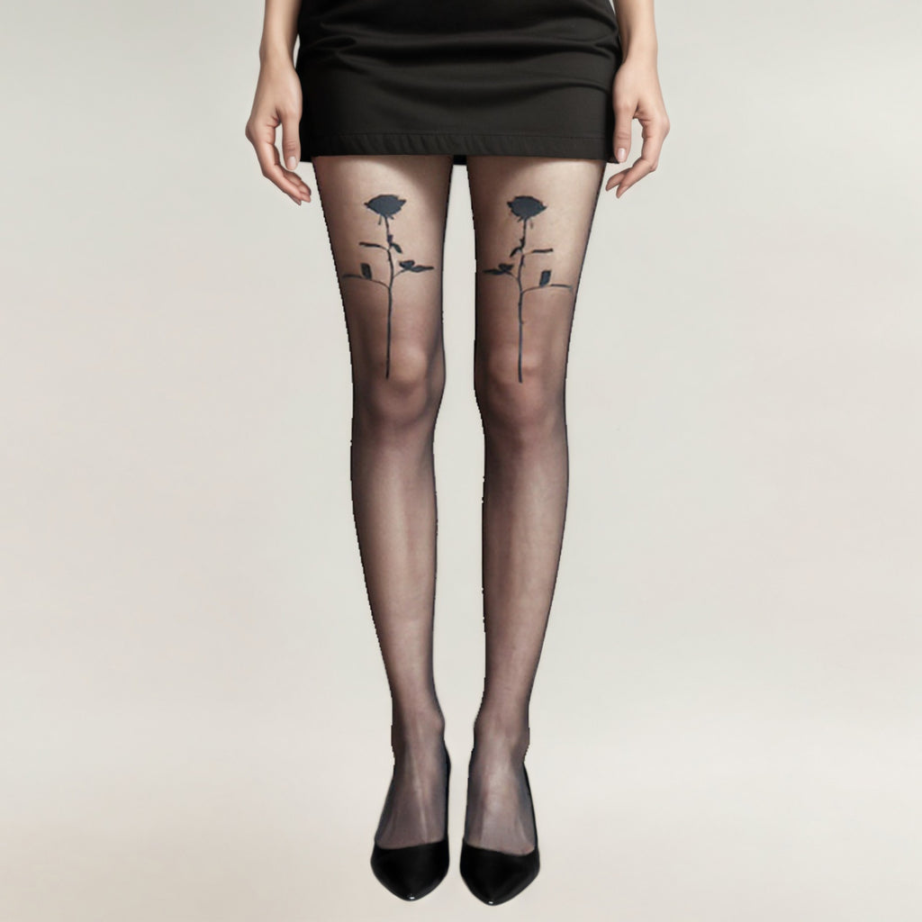 Anna-Kaci Women's Sheer Tights with Bold Floral Thigh Print Design