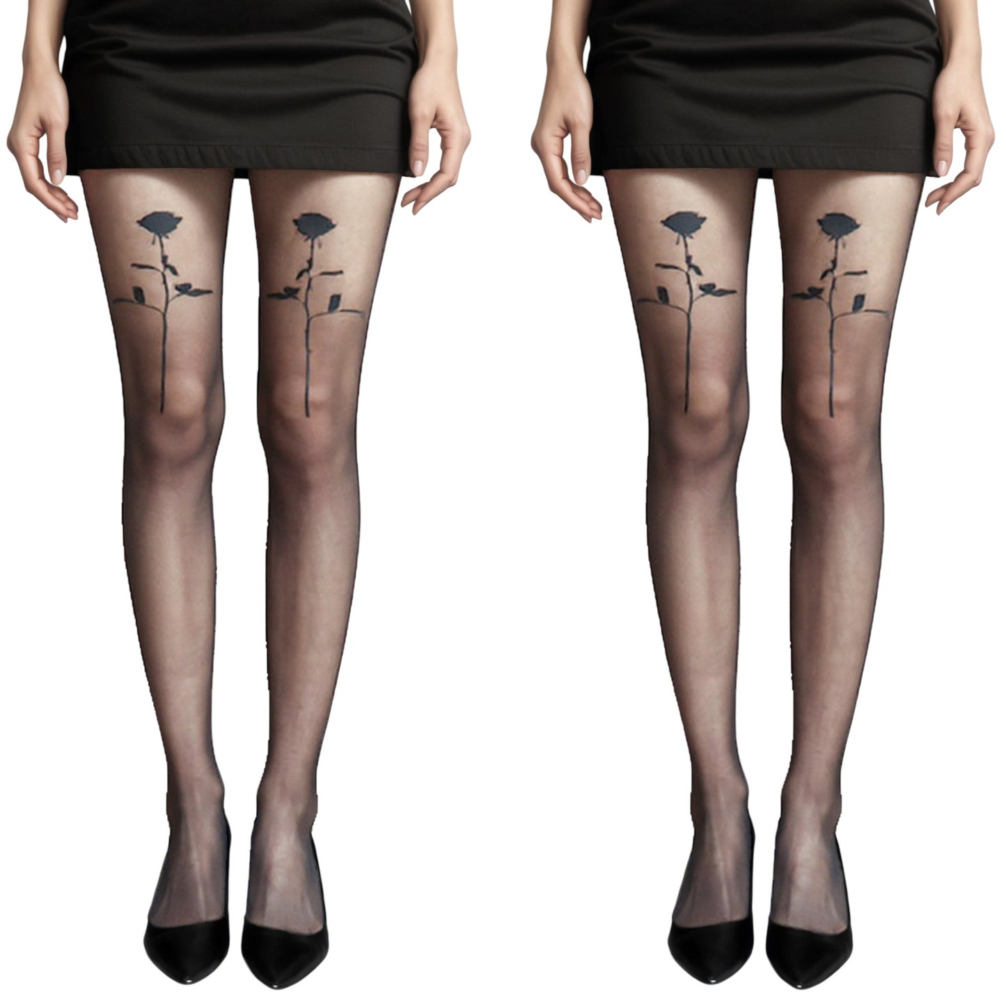 Anna-Kaci 2pcs Women's Sheer Tights with Bold Floral Thigh Print Design