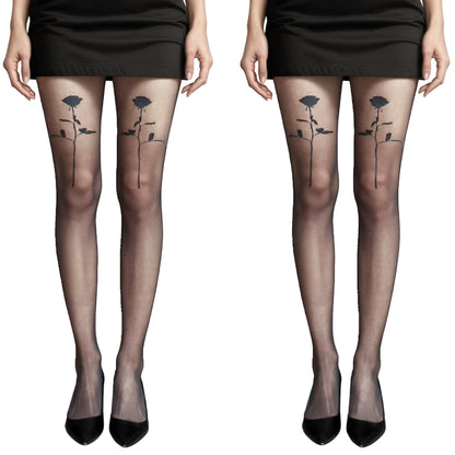 Anna-Kaci 2pcs Women's Sheer Tights with Bold Floral Thigh Print Design