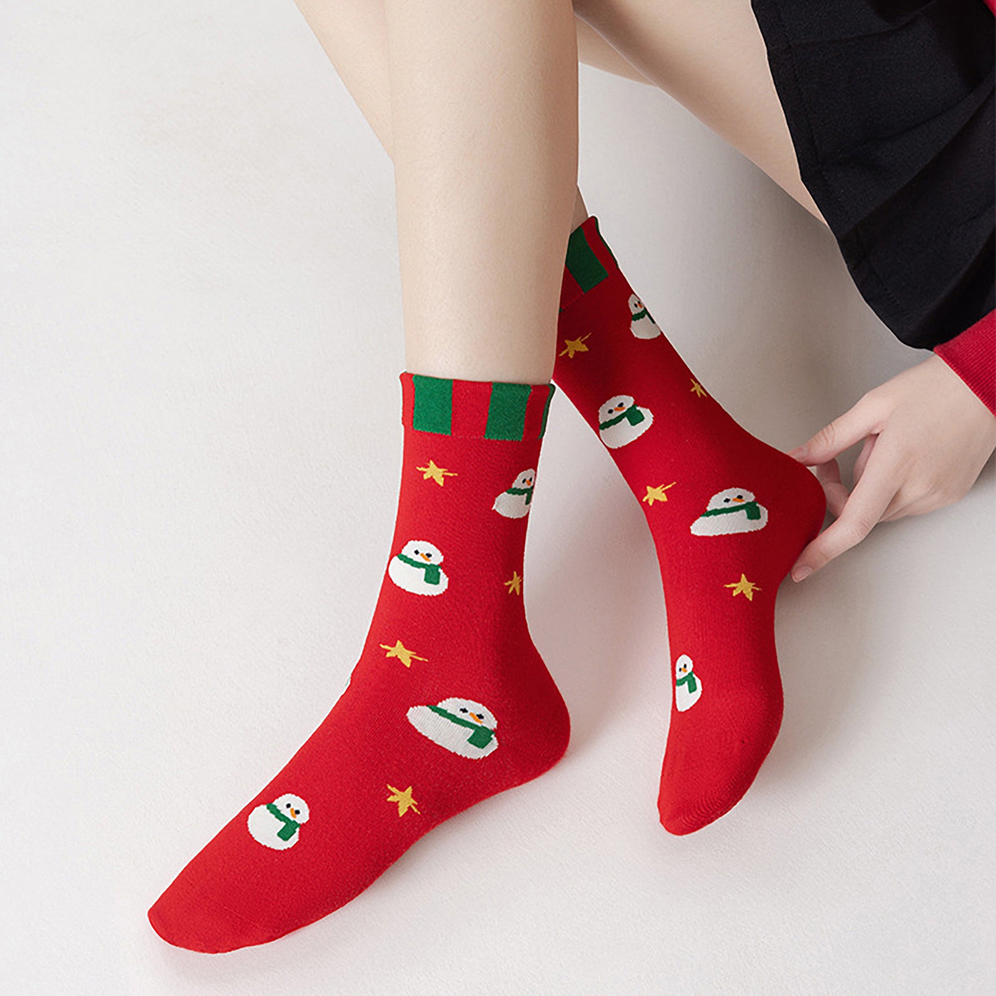 Anna-Kaci Set of 5 Christmas Pattern Crew Socks with Festive Snowman, Heart, and Tree Designs in Soft Knit Fabric for Comfortable Seasonal Wear