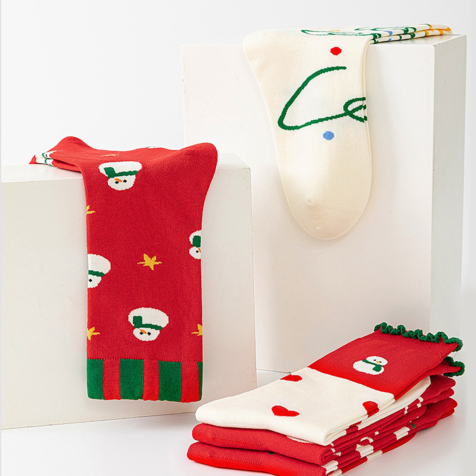 Anna-Kaci Set of 5 Christmas Pattern Crew Socks with Festive Snowman, Heart, and Tree Designs in Soft Knit Fabric for Comfortable Seasonal Wear