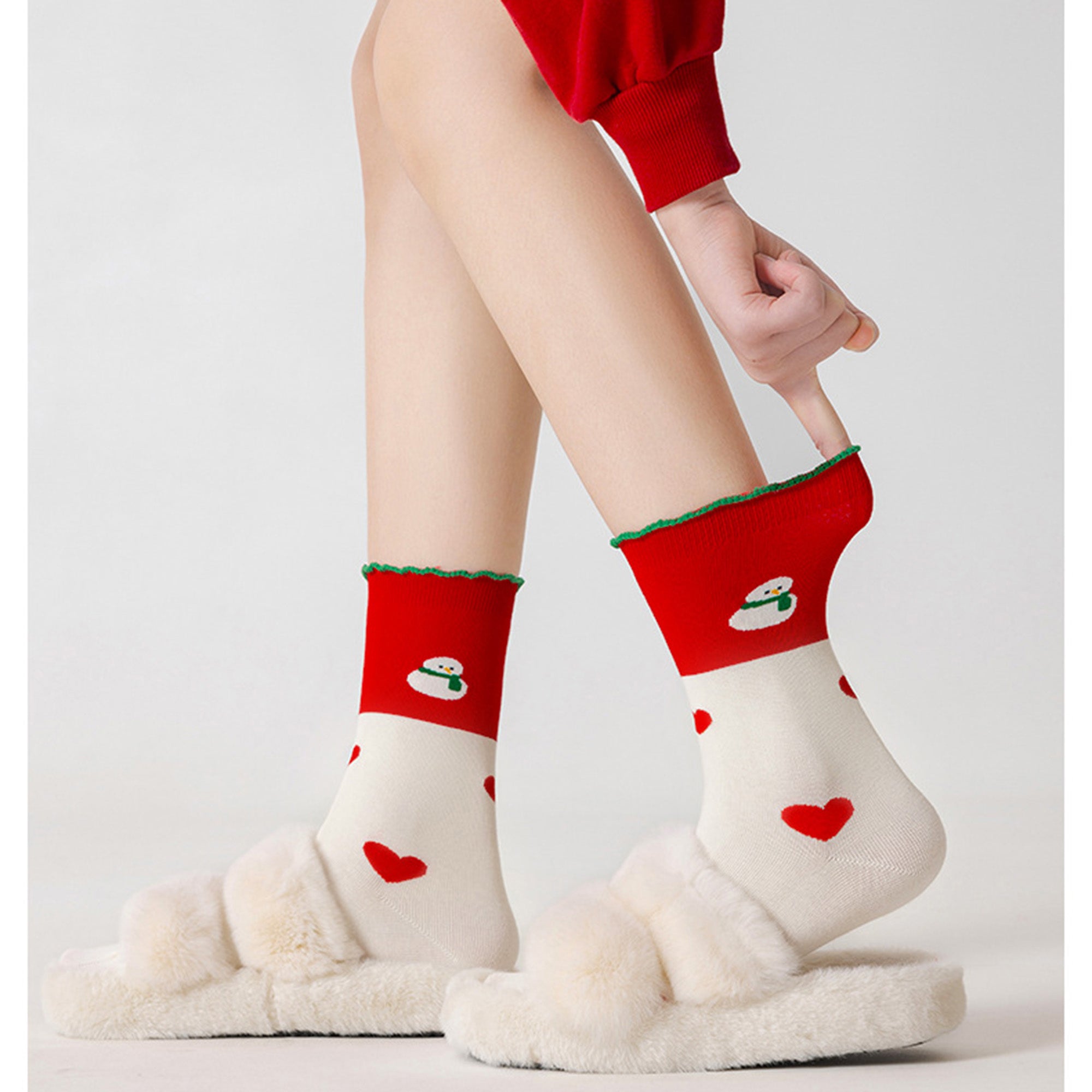 Anna-Kaci Set of 5 Christmas Pattern Crew Socks with Festive Snowman, Heart, and Tree Designs in Soft Knit Fabric for Comfortable Seasonal Wear