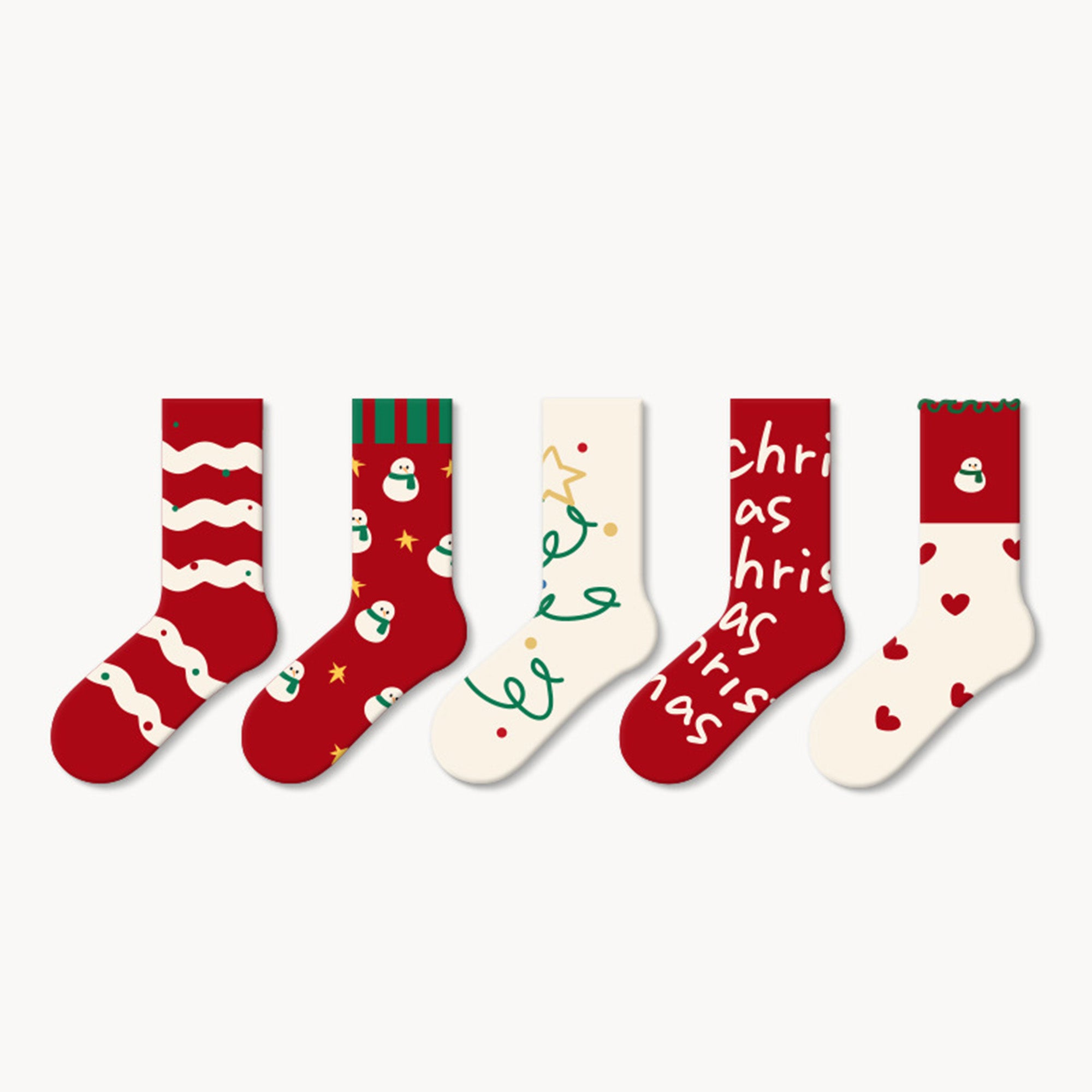Anna-Kaci Set of 5 Christmas Pattern Crew Socks with Festive Snowman, Heart, and Tree Designs in Soft Knit Fabric for Comfortable Seasonal Wear