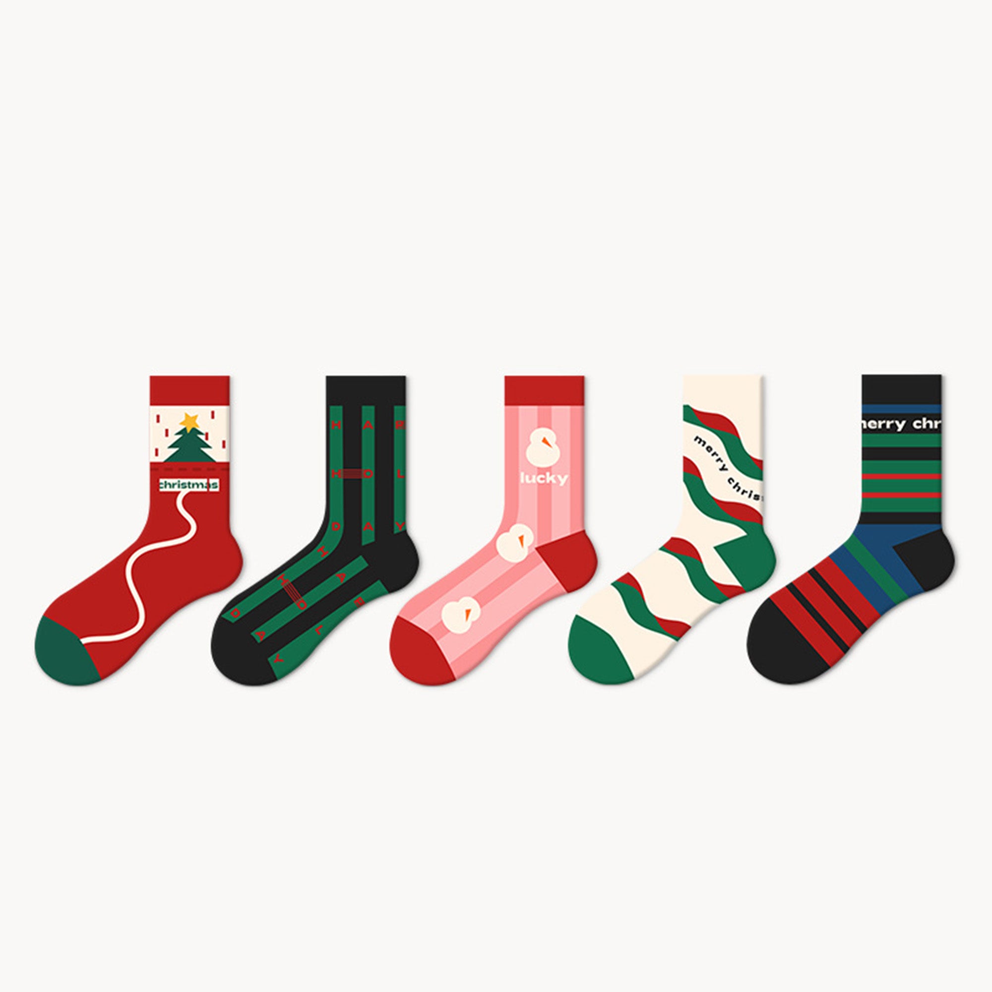 Anna-Kaci Set of 5 Christmas Pattern Crew Socks with Festive Snowman, Heart, and Tree Designs in Soft Knit Fabric for Comfortable Seasonal Wear