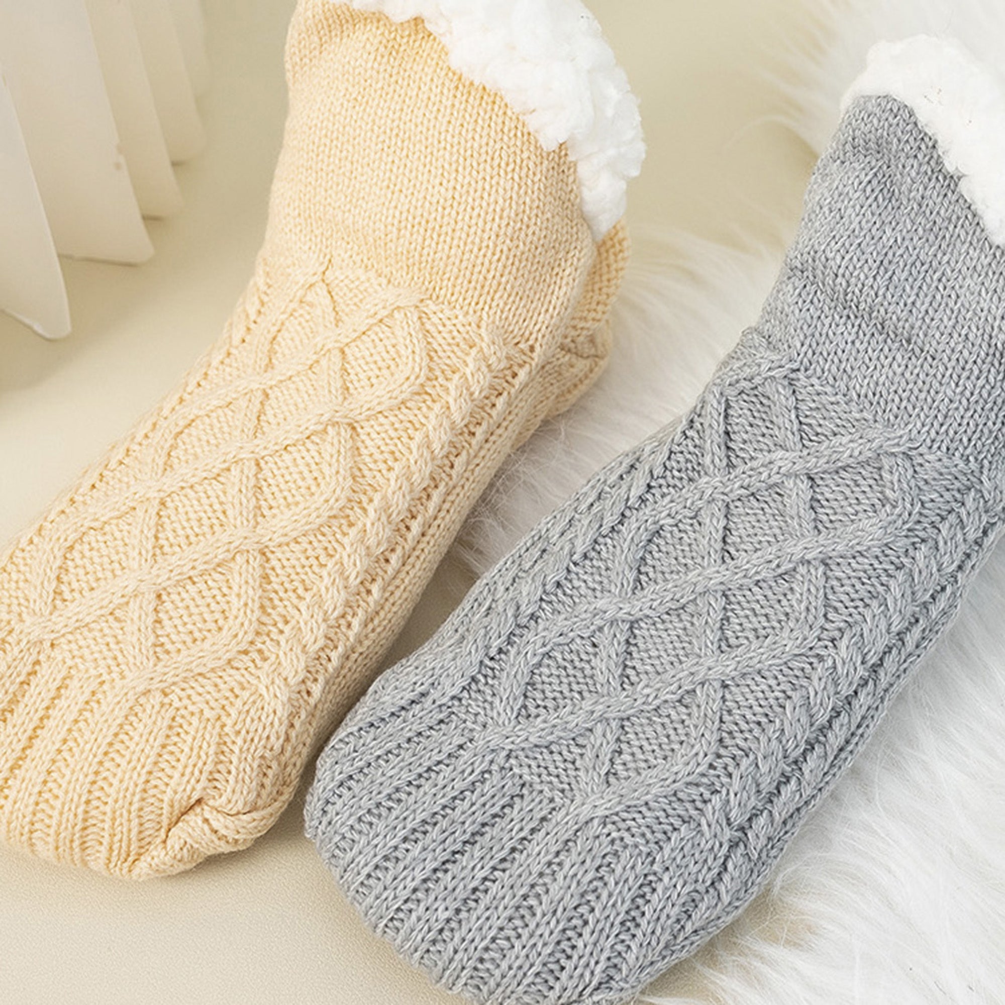 Anna-Kaci Cozy Cable Knit Plush-Lined Slipper Socks with Soft Warm Interior, Non-Slip Grips, and Flexible Low-Cut Fit