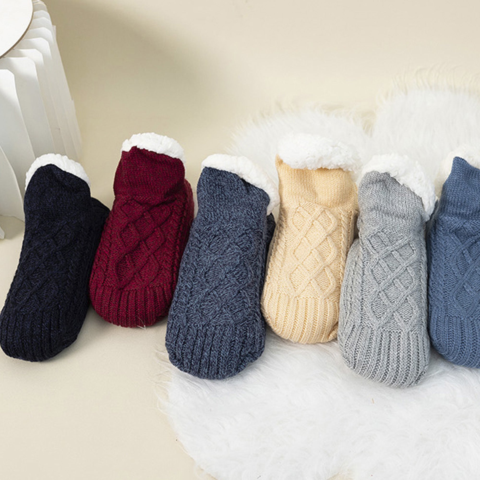 Anna-Kaci Cozy Cable Knit Plush-Lined Slipper Socks with Soft Warm Interior, Non-Slip Grips, and Flexible Low-Cut Fit