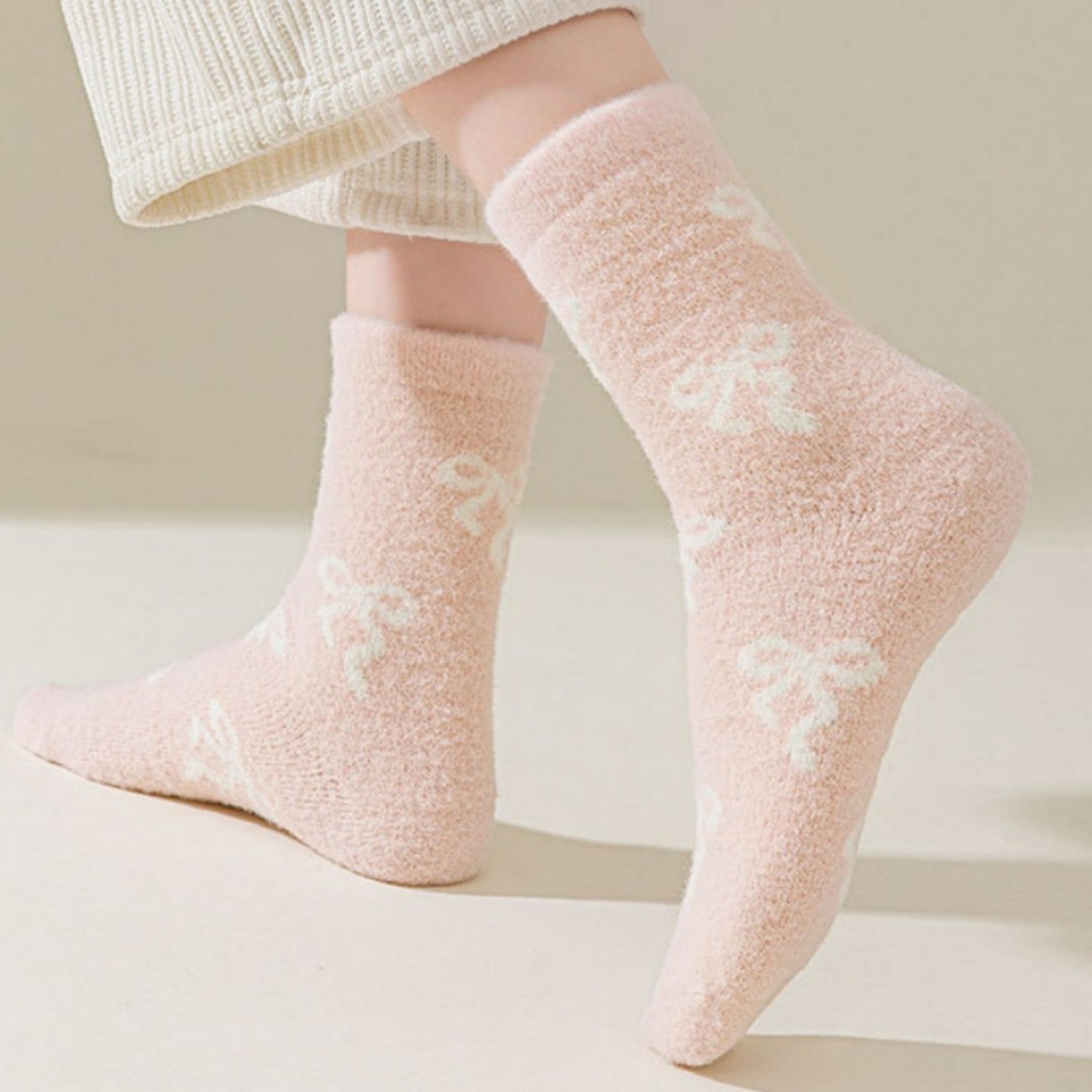 Anna-Kaci 3-Pair Women's Soft Knit Crew Socks with Allover Bow Pattern Stretch Fabric Cozy Comfort Set