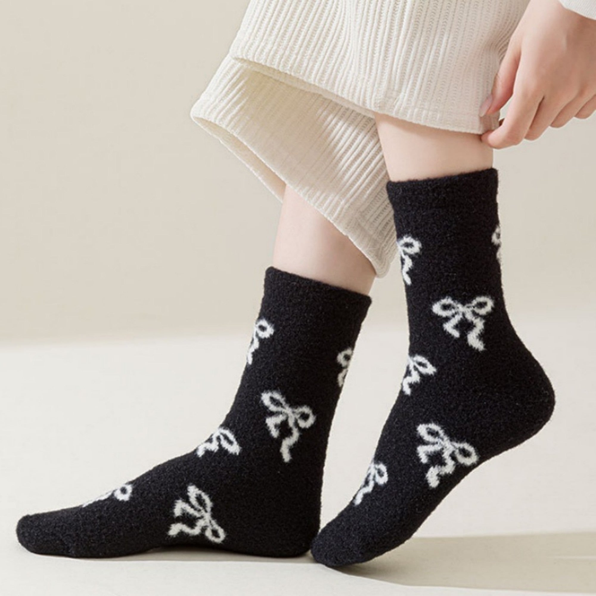 Anna-Kaci 3-Pair Women's Soft Knit Crew Socks with Allover Bow Pattern Stretch Fabric Cozy Comfort Set