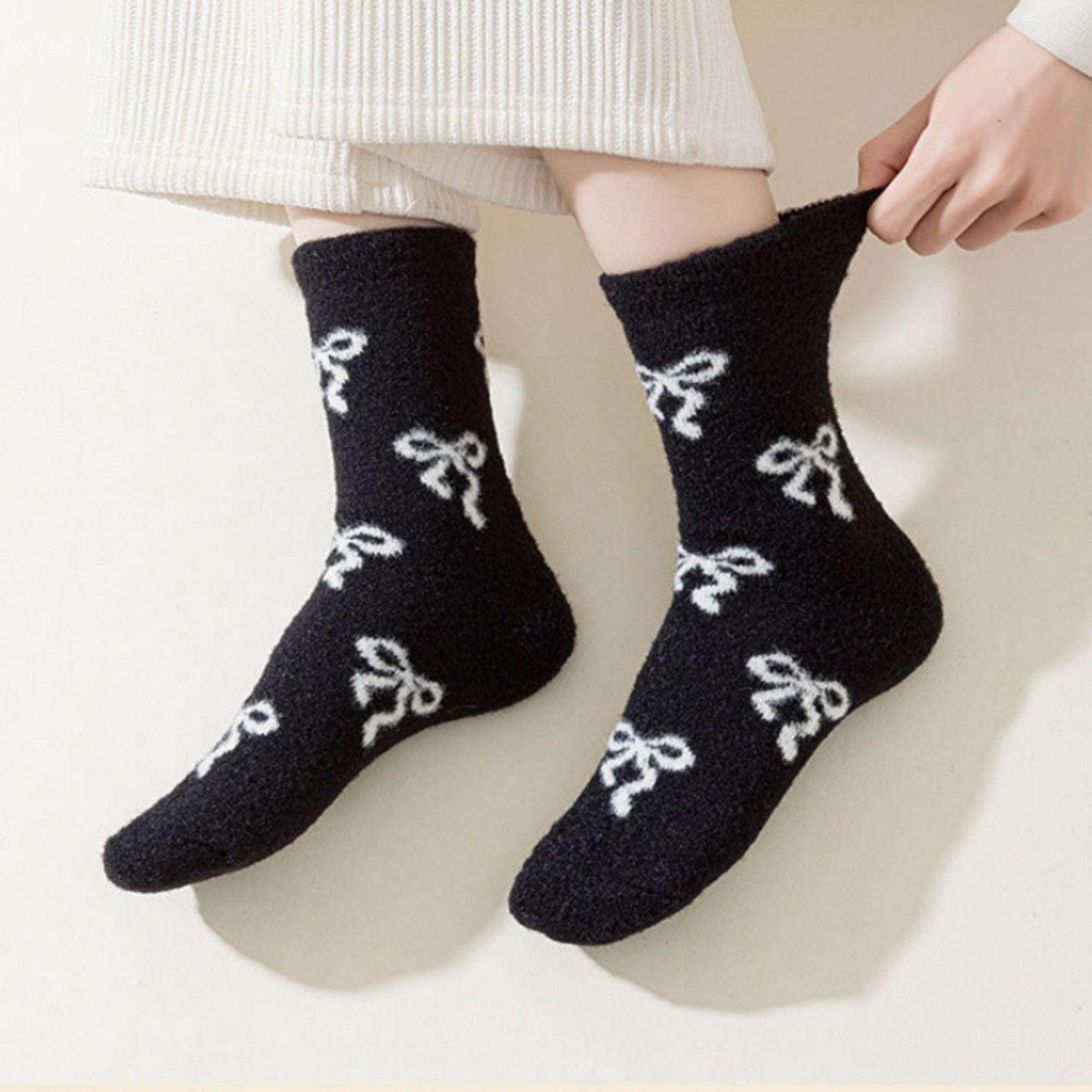 Anna-Kaci 3-Pair Women's Soft Knit Crew Socks with Allover Bow Pattern Stretch Fabric Cozy Comfort Set