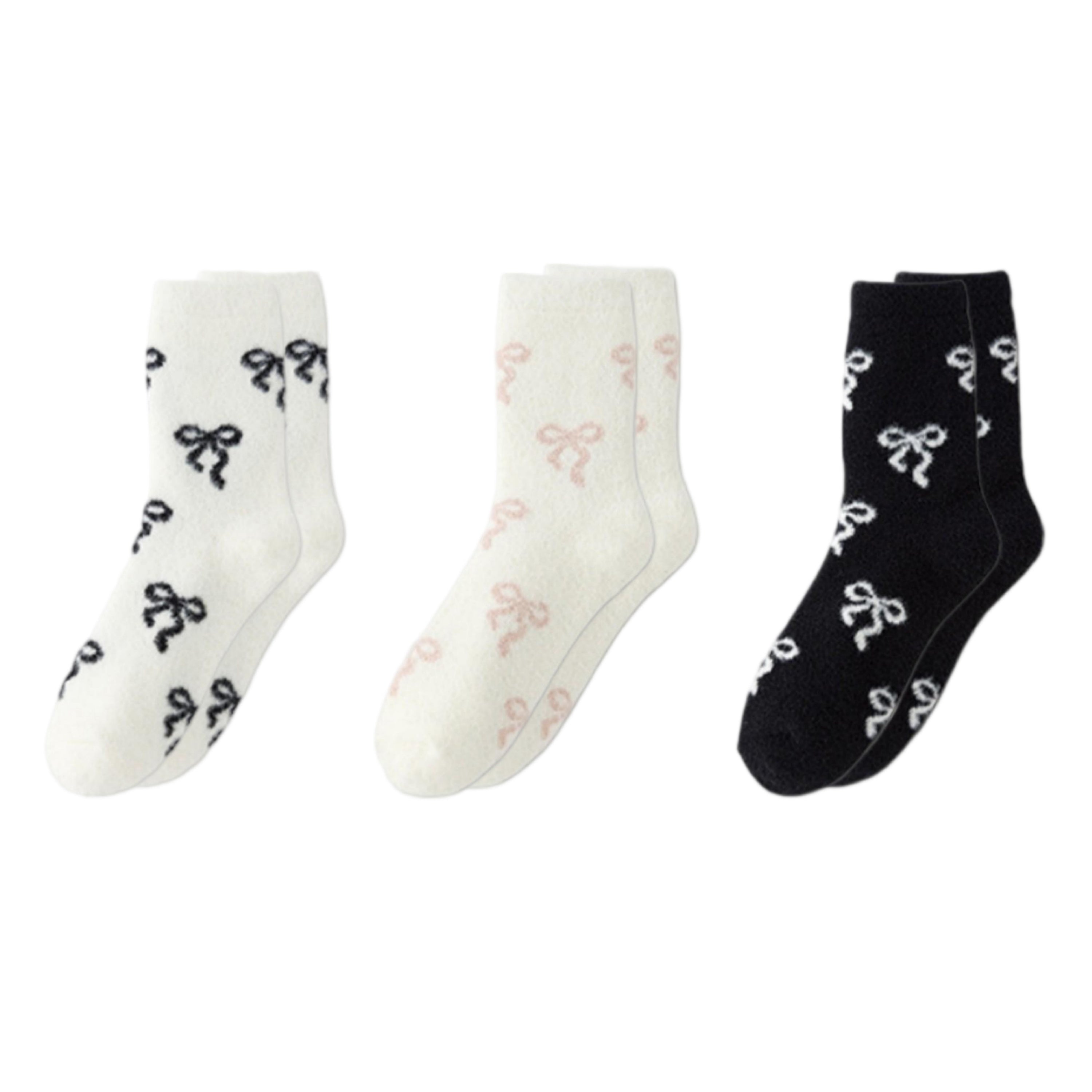 Anna-Kaci 3-Pair Women's Soft Knit Crew Socks with Allover Bow Pattern Stretch Fabric Cozy Comfort Set