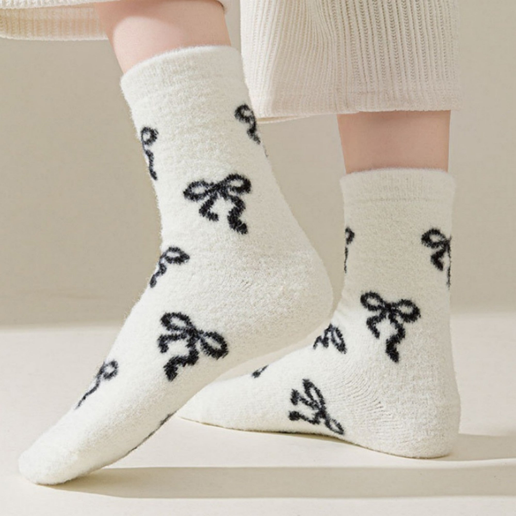 Anna-Kaci 3-Pair Women's Soft Knit Crew Socks with Allover Bow Pattern Stretch Fabric Cozy Comfort Set