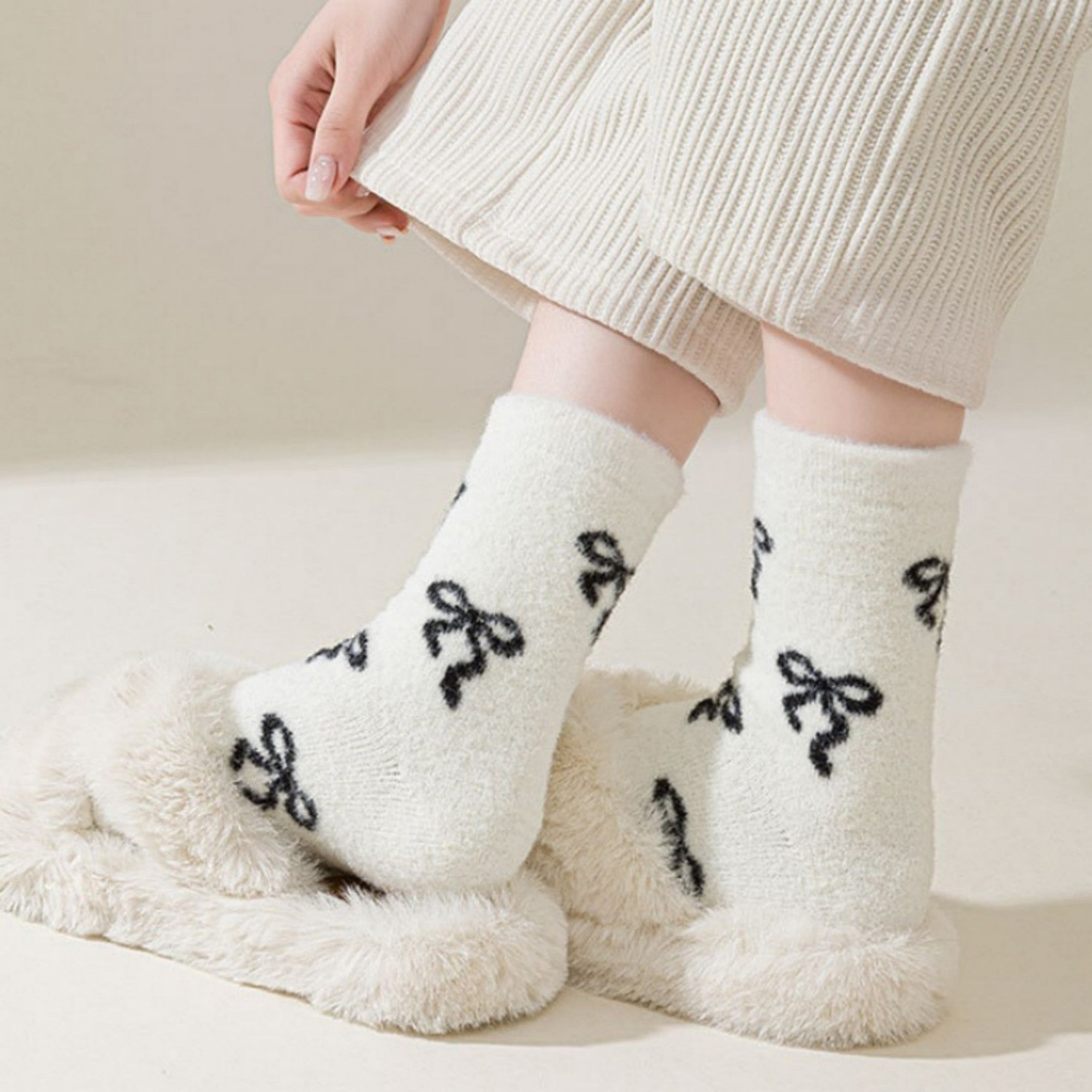 Anna-Kaci 3-Pair Women's Soft Knit Crew Socks with Allover Bow Pattern Stretch Fabric Cozy Comfort Set