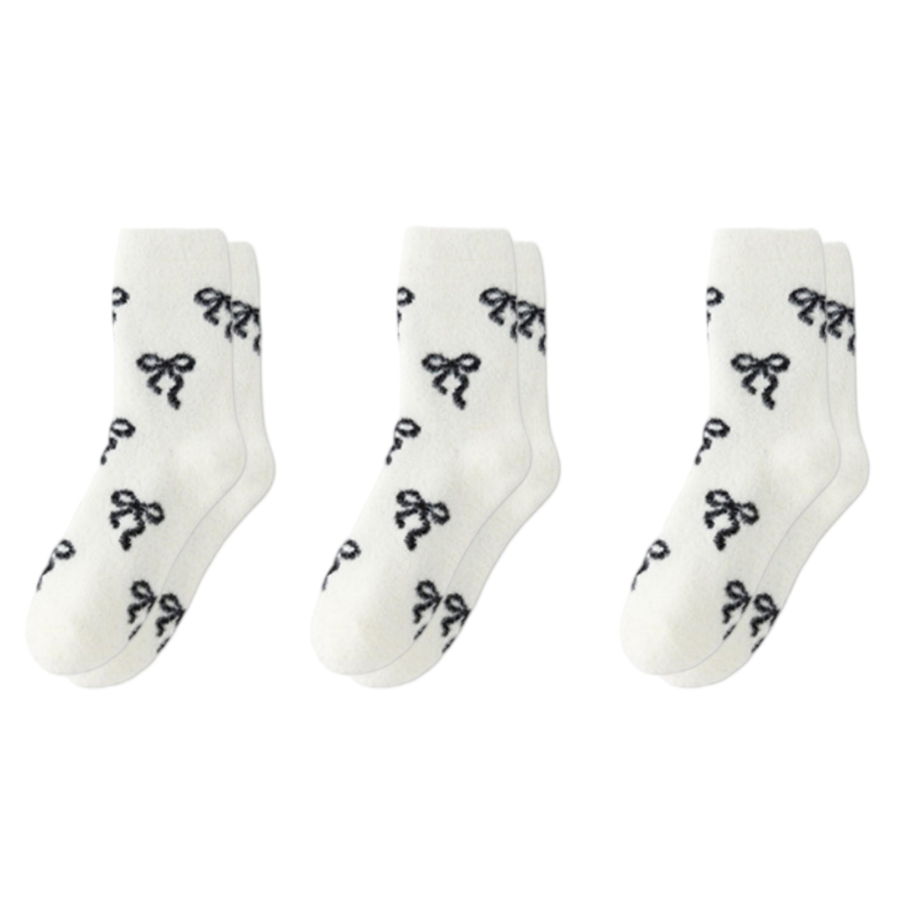 Anna-Kaci 3-Pair Women's Soft Knit Crew Socks with Allover Bow Pattern Stretch Fabric Cozy Comfort Set