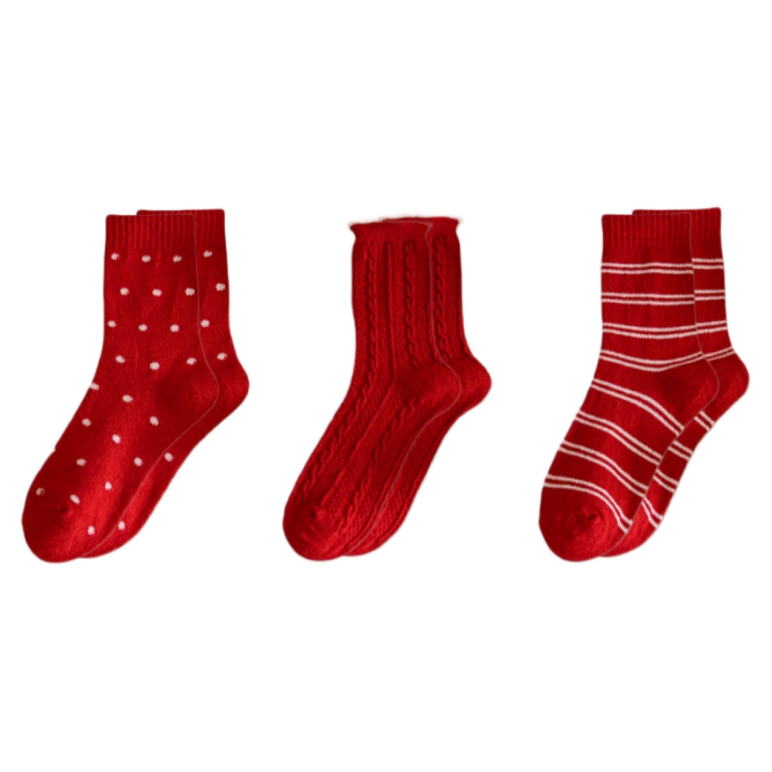 Anna-Kaci 3-Pair Women's Soft Knit Crew Socks with Polka Dot Cable Knit and Stripe Patterns Comfort Set