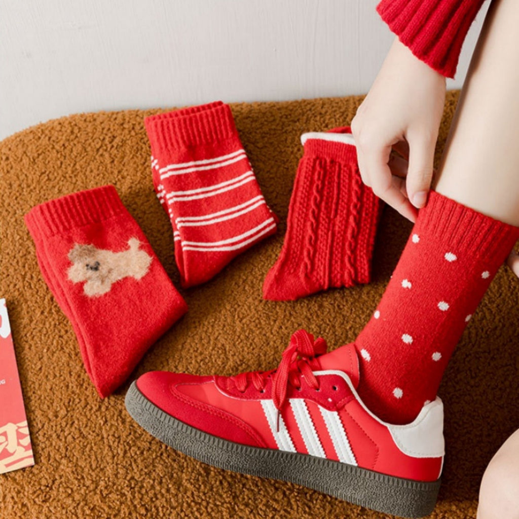 Anna-Kaci 3-Pair Women's Soft Knit Crew Socks with Polka Dot Cable Knit and Stripe Patterns Comfort Set